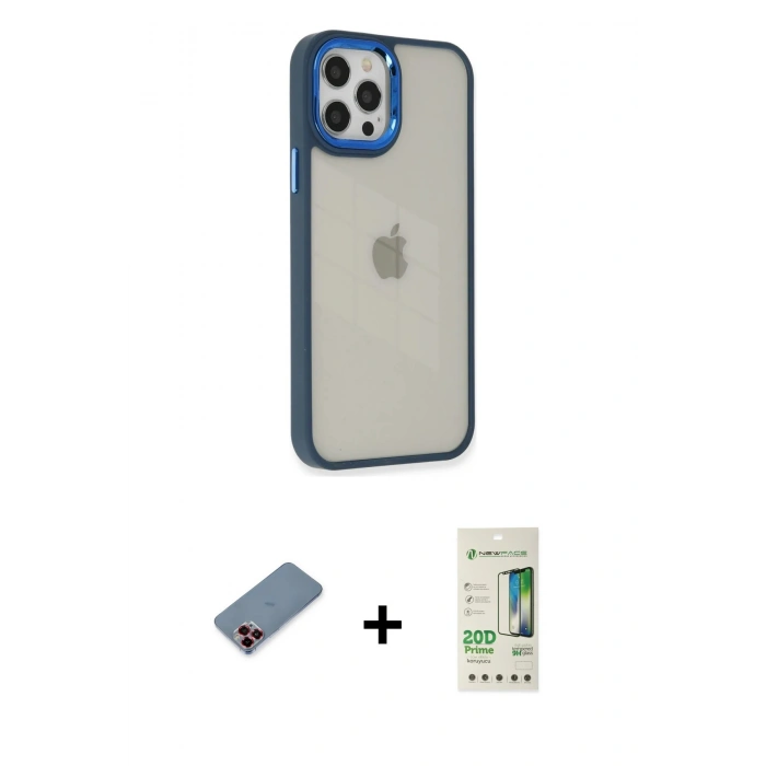 MARSİLYAN™- iPhone 12 Pro Max Kılıf Eksen Doku Prime - Siyah 20D Premium Cam Ekran Koruyucu + Metal Kamera Lens Koruma Cam - KI