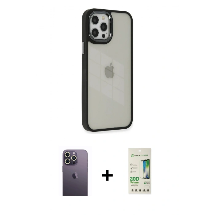 MARSİLYAN™- iPhone 12 Pro Max Kılıf Eksen Doku Prime - Siyah 20D Premium Cam Ekran Koruyucu + Neon Fosforlu Kamera Lens - BZ