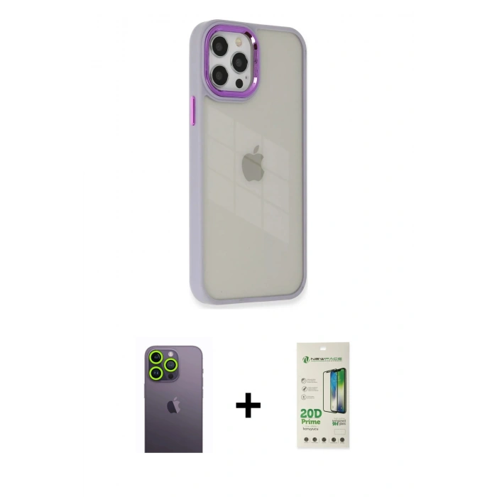 MARSİLYAN™- iPhone 12 Pro Max Kılıf Eksen Doku Prime - Siyah 20D Premium Cam Ekran Koruyucu + Neon Fosforlu Kamera Lens - YL
