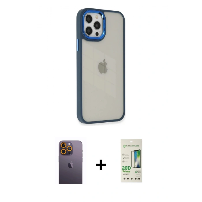 MARSİLYAN™- iPhone 12 Pro Max Kılıf Eksen Doku Prime - Siyah 20D Premium Cam Ekran Koruyucu + Neon Fosforlu Kamera Lens - SI