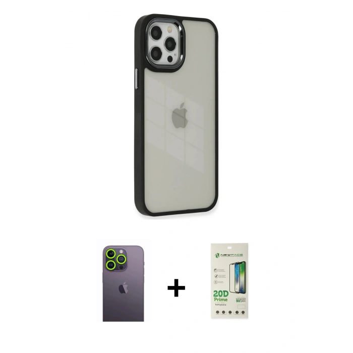 MARSİLYAN™- iPhone 12 Pro Max Kılıf Eksen Doku Prime - Siyah 20D Premium Cam Ekran Koruyucu + Neon Fosforlu Kamera Lens - YL