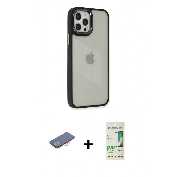 MARSİLYAN™- iPhone 12 Pro Max Kılıf Eksen Doku Prime - Siyah 20D Premium Cam Ekran Koruyucu + Renkli Kamera Lens Koruma Cam - PE