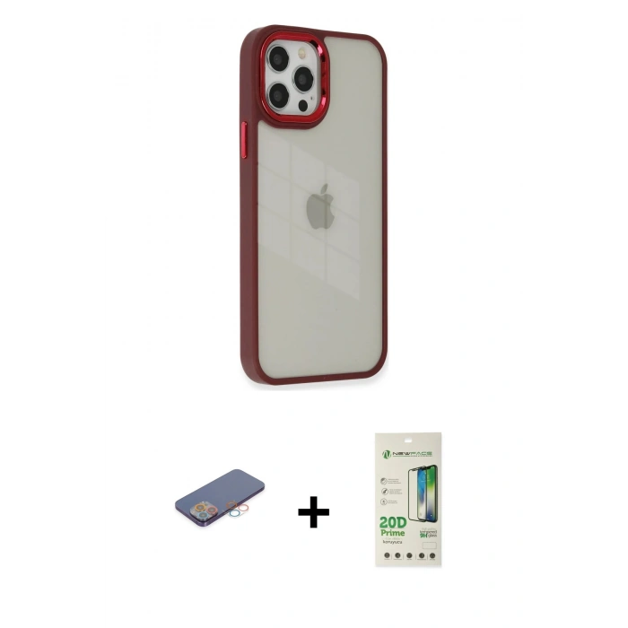 MARSİLYAN™- iPhone 12 Pro Max Kılıf Eksen Doku Prime - Siyah 20D Premium Cam Ekran Koruyucu + Renkli Kamera Lens Koruma Cam - PE