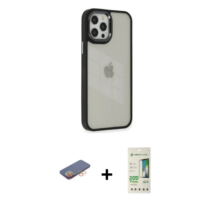 MARSİLYAN™- iPhone 12 Pro Max Kılıf Eksen Doku Prime - Siyah 20D Premium Cam Ekran Koruyucu + Renkli Kamera Lens Koruma Cam - TU