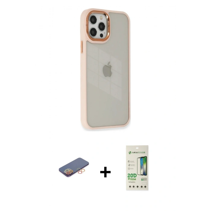 MARSİLYAN™- iPhone 12 Pro Max Kılıf Eksen Doku Prime - Siyah 20D Premium Cam Ekran Koruyucu + Renkli Kamera Lens Koruma Cam - TU