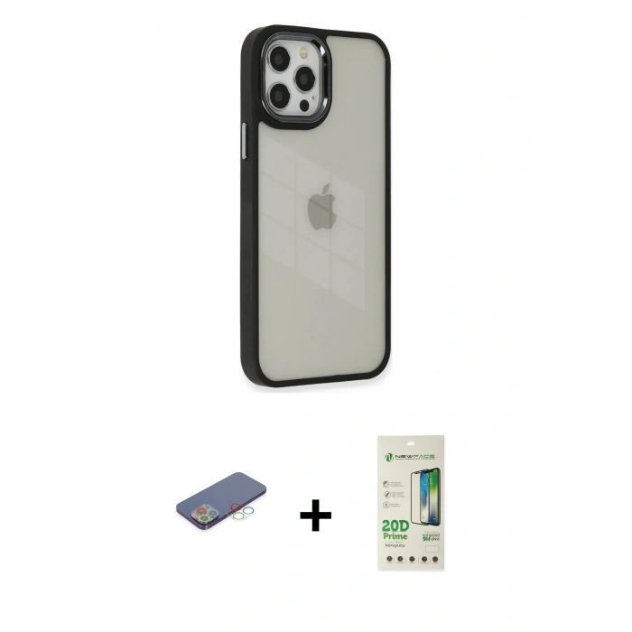 MARSİLYAN™- iPhone 12 Pro Max Kılıf Eksen Doku Prime - Siyah 20D Premium Cam Ekran Koruyucu + Renkli Kamera Lens Koruma Cam - MI