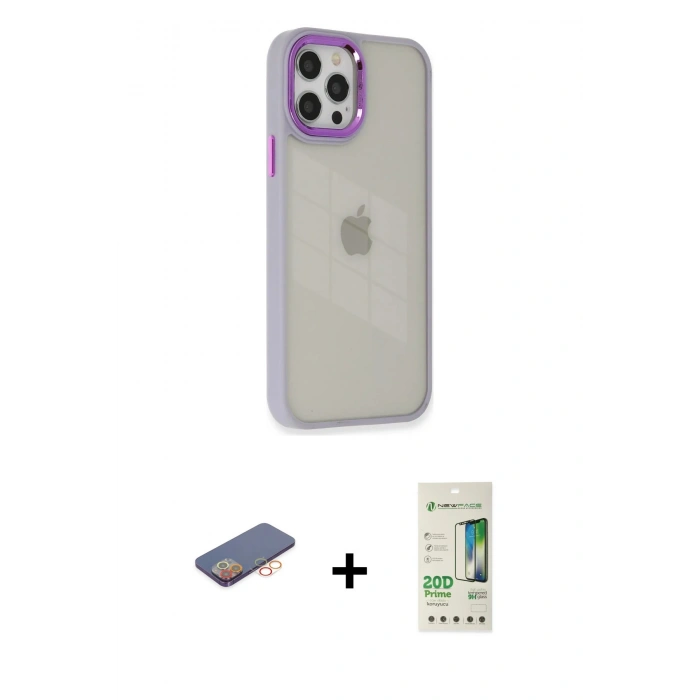 MARSİLYAN™- iPhone 12 Pro Max Kılıf Eksen Doku Prime - Siyah 20D Premium Cam Ekran Koruyucu + Renkli Kamera Lens Koruma Cam - TU
