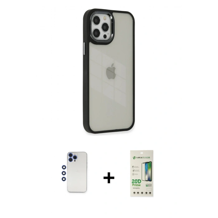 MARSİLYAN™- iPhone 12 Pro Max Kılıf Eksen Doku Prime - Siyah 20D Premium Cam Ekran Koruyucu + Shine Kamera Lens - LT