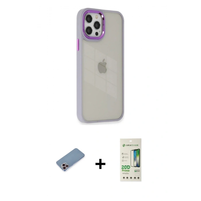 MARSİLYAN™- iPhone 12 Pro Max Kılıf Eksen Doku Prime - Siyah 20D Premium Cam Ekran Koruyucu + Shine Kamera Lens Koruma Cam - PE