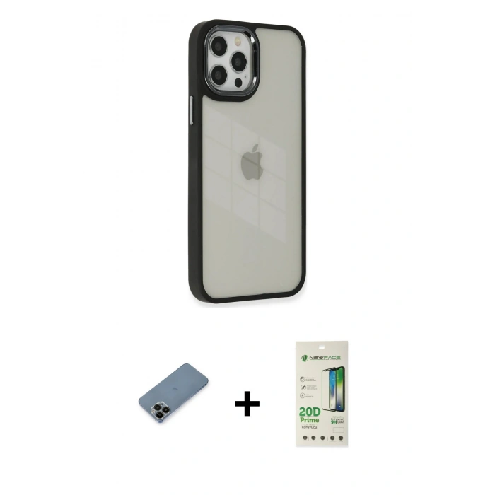 MARSİLYAN™- iPhone 12 Pro Max Kılıf Eksen Doku Prime - Siyah 20D Premium Cam Ekran Koruyucu + Shine Kamera Lens Koruma Cam - SH