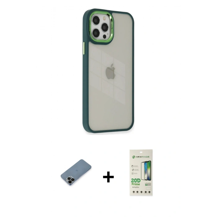 MARSİLYAN™- iPhone 12 Pro Max Kılıf Eksen Doku Prime - Siyah 20D Premium Cam Ekran Koruyucu + Shine Kamera Lens Koruma Cam - SH