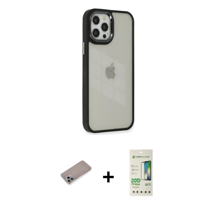 MARSİLYAN™- iPhone 12 Pro Max Kılıf Eksen Doku Prime - Siyah 20D Premium Cam Ekran Koruyucu + Shine Kamera Lens Koruma Cam - SABE
