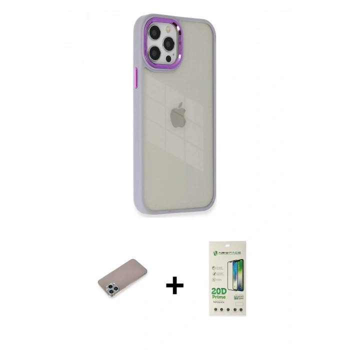 MARSİLYAN™- iPhone 12 Pro Max Kılıf Eksen Doku Prime - Siyah 20D Premium Cam Ekran Koruyucu + Shine Kamera Lens Koruma Cam - SABE