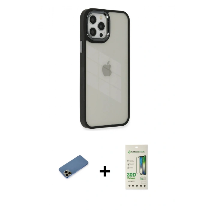 MARSİLYAN™- iPhone 12 Pro Max Kılıf Eksen Doku Prime - Siyah 20D Premium Cam Ekran Koruyucu + Shine Kamera Lens Koruma Cam - GD