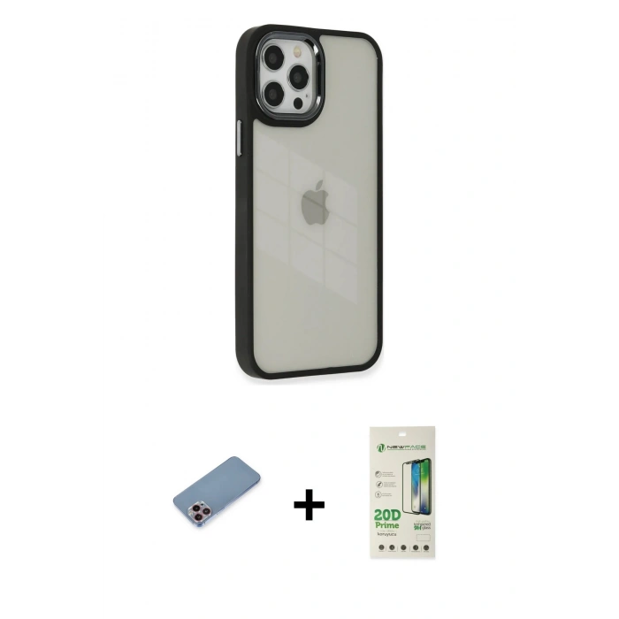 MARSİLYAN™- iPhone 12 Pro Max Kılıf Eksen Doku Prime - Siyah 20D Premium Cam Ekran Koruyucu + Shine Kamera Lens Koruma Cam - PE