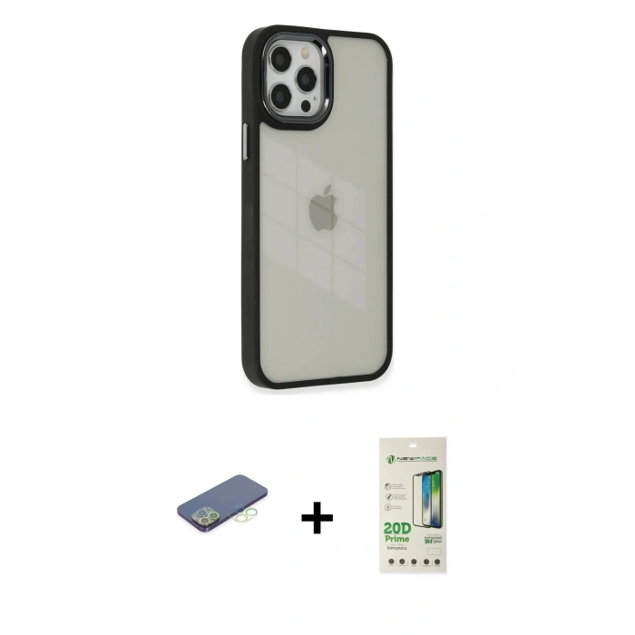 MARSİLYAN™- iPhone 12 Pro Max Kılıf Eksen Doku Prime - Siyah 20D Premium Cam Ekran Koruyucu + Renkli Kamera Lens Koruma Cam - YL