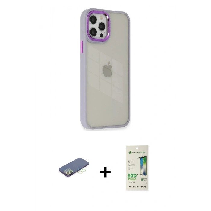 MARSİLYAN™- iPhone 12 Pro Max Kılıf Eksen Doku Prime - Siyah 20D Premium Cam Ekran Koruyucu + Renkli Kamera Lens Koruma Cam - YL