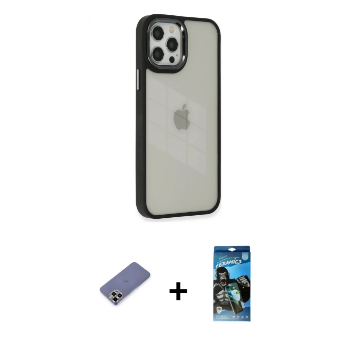 MARSİLYAN™- iPhone 12 Pro Max Kılıf Eksen Doku Prime - Siyah 34D Izgaralı Cam + Gold Metal Kamera Lens Koruma Cam