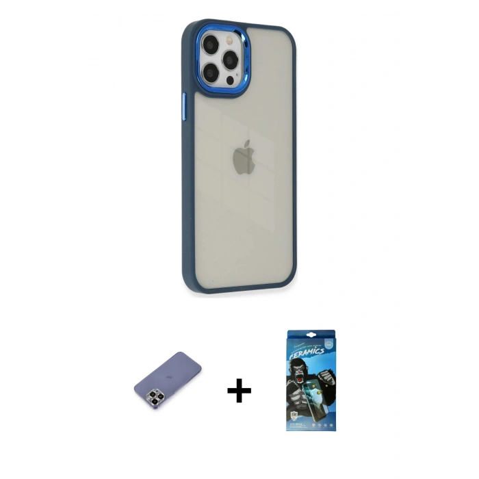 MARSİLYAN™- iPhone 12 Pro Max Kılıf Eksen Doku Prime - Siyah 34D Izgaralı Cam + Gold Metal Kamera Lens Koruma Cam