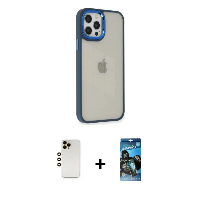 MARSİLYAN™- iPhone 12 Pro Max Kılıf Eksen Doku Prime - Siyah 34D Izgaralı Cam + Shine Kamera Lens - GD