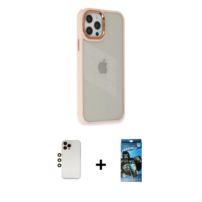 MARSİLYAN™- iPhone 12 Pro Max Kılıf Eksen Doku Prime - Siyah 34D Izgaralı Cam + Shine Kamera Lens - GD