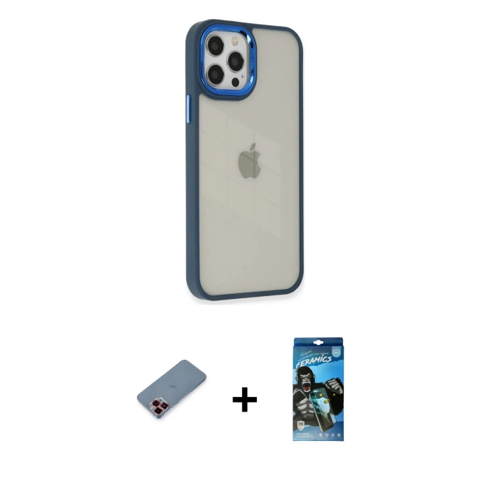MARSİLYAN™- iPhone 12 Pro Max Kılıf Eksen Doku Prime - Siyah 34D Izgaralı Cam + Metal Kamera Lens Koruma Cam - KI