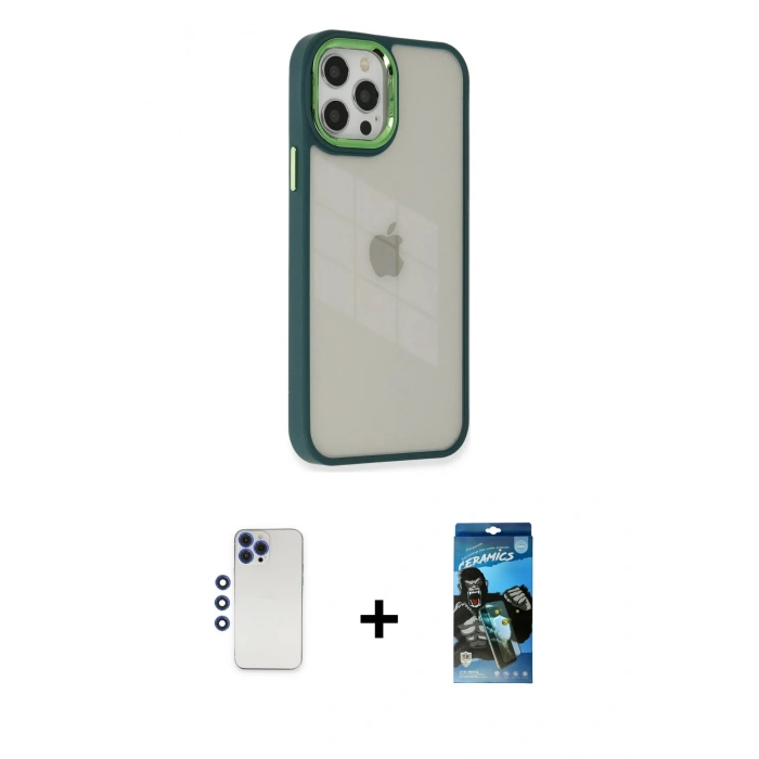 MARSİLYAN™- iPhone 12 Pro Max Kılıf Eksen Doku Prime - Siyah 34D Izgaralı Cam + Lacivert Shine Kamera Lens