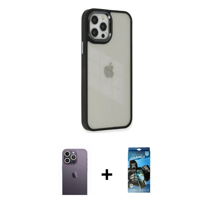 MARSİLYAN™- iPhone 12 Pro Max Kılıf Eksen Doku Prime - Siyah 34D Izgaralı Cam + Neon Fosforlu Kamera Lens - BZ