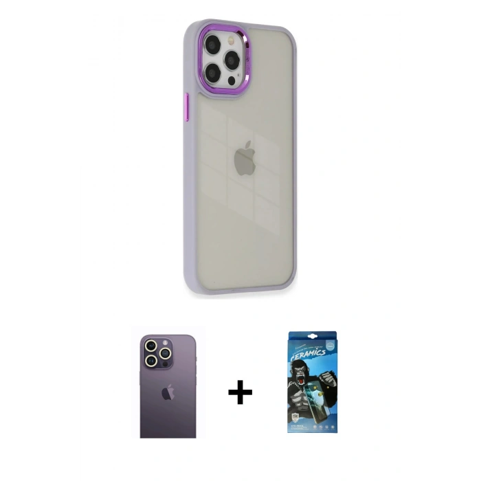 MARSİLYAN™- iPhone 12 Pro Max Kılıf Eksen Doku Prime - Siyah 34D Izgaralı Cam + Neon Fosforlu Kamera Lens - BZ