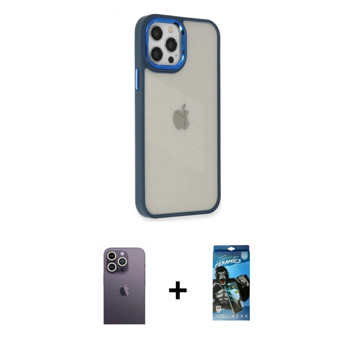 MARSİLYAN™- iPhone 12 Pro Max Kılıf Eksen Doku Prime - Siyah 34D Izgaralı Cam + Neon Fosforlu Kamera Lens - BZ