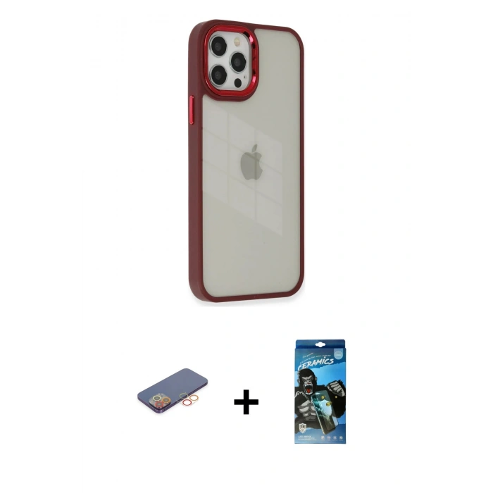 MARSİLYAN™- iPhone 12 Pro Max Kılıf Eksen Doku Prime - Siyah 34D Izgaralı Cam + Renkli Kamera Lens Koruma Cam - TU