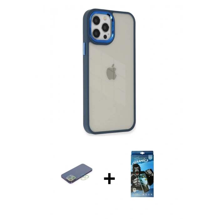 MARSİLYAN™- iPhone 12 Pro Max Kılıf Eksen Doku Prime - Siyah 34D Izgaralı Cam + Renkli Kamera Lens Koruma Cam - YL