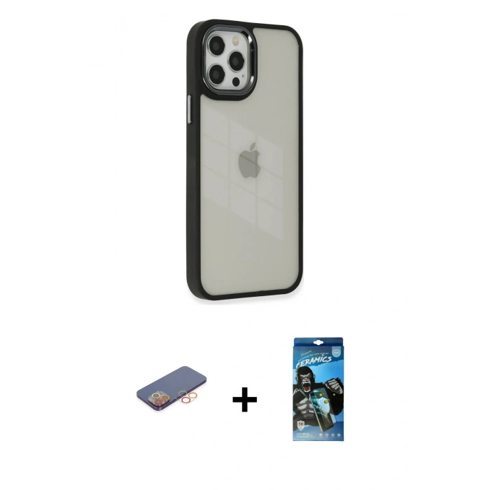 MARSİLYAN™- iPhone 12 Pro Max Kılıf Eksen Doku Prime - Siyah 34D Izgaralı Cam + Renkli Kamera Lens Koruma Cam - TU