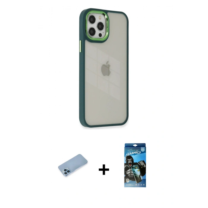 MARSİLYAN™- iPhone 12 Pro Max Kılıf Eksen Doku Prime - Siyah 34D Izgaralı Cam + Shine Kamera Lens Koruma Cam - MI