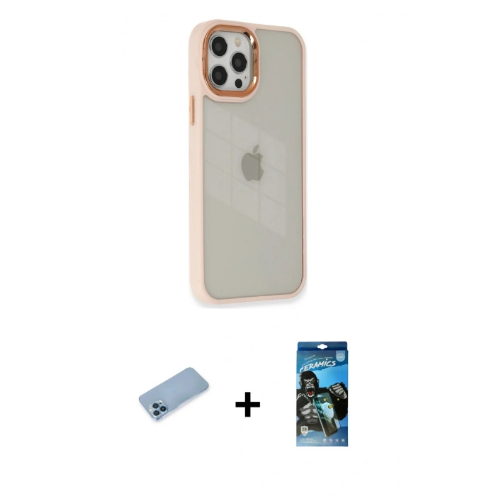 MARSİLYAN™- iPhone 12 Pro Max Kılıf Eksen Doku Prime - Siyah 34D Izgaralı Cam + Shine Kamera Lens Koruma Cam - MI