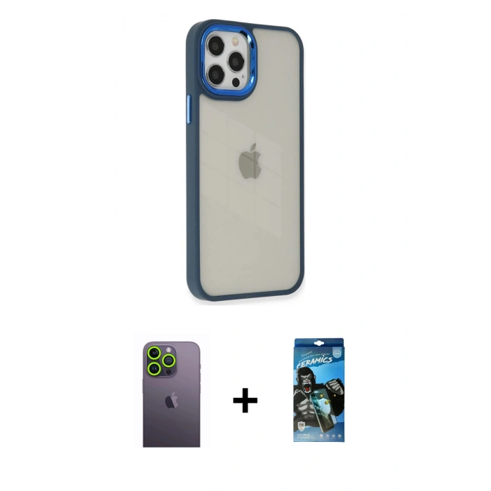 MARSİLYAN™- iPhone 12 Pro Max Kılıf Eksen Doku Prime - Siyah 34D Izgaralı Cam + Neon Fosforlu Kamera Lens - YL