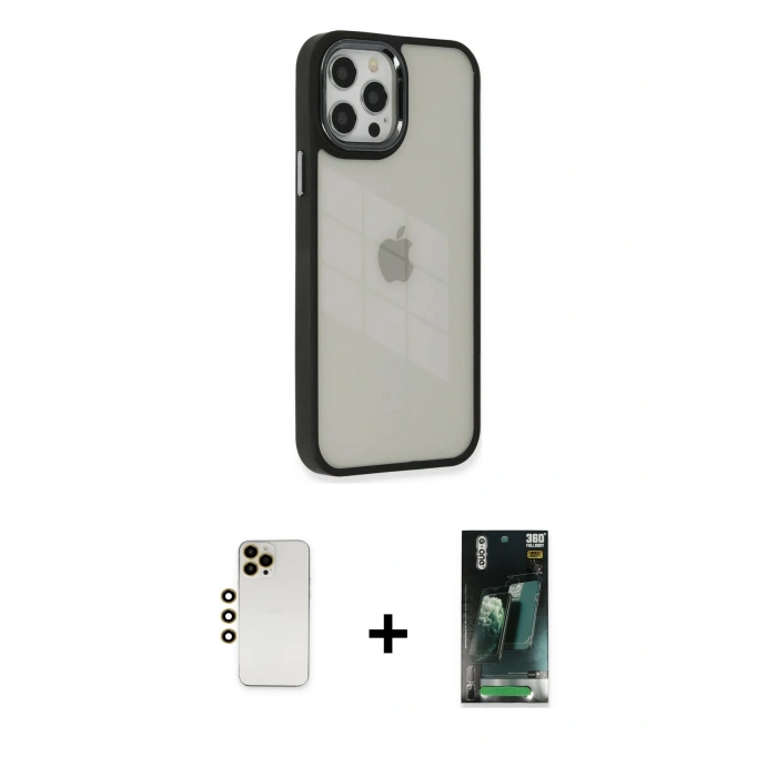 MARSİLYAN™- iPhone 12 Pro Max Kılıf Eksen Doku Prime - Siyah 360 Mat Full Body Arka Koruyucu + Shine Kamera Lens - GD
