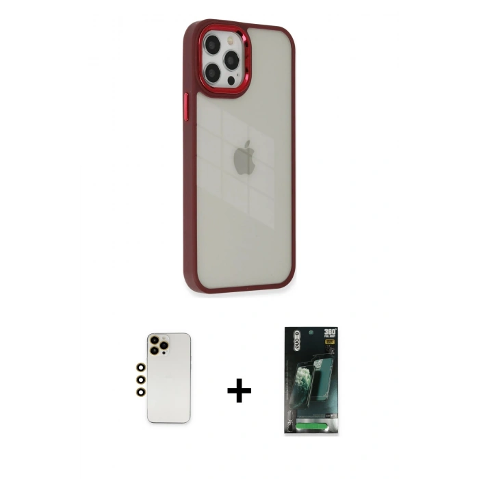 MARSİLYAN™- iPhone 12 Pro Max Kılıf Eksen Doku Prime - Siyah 360 Mat Full Body Arka Koruyucu + Shine Kamera Lens - GD