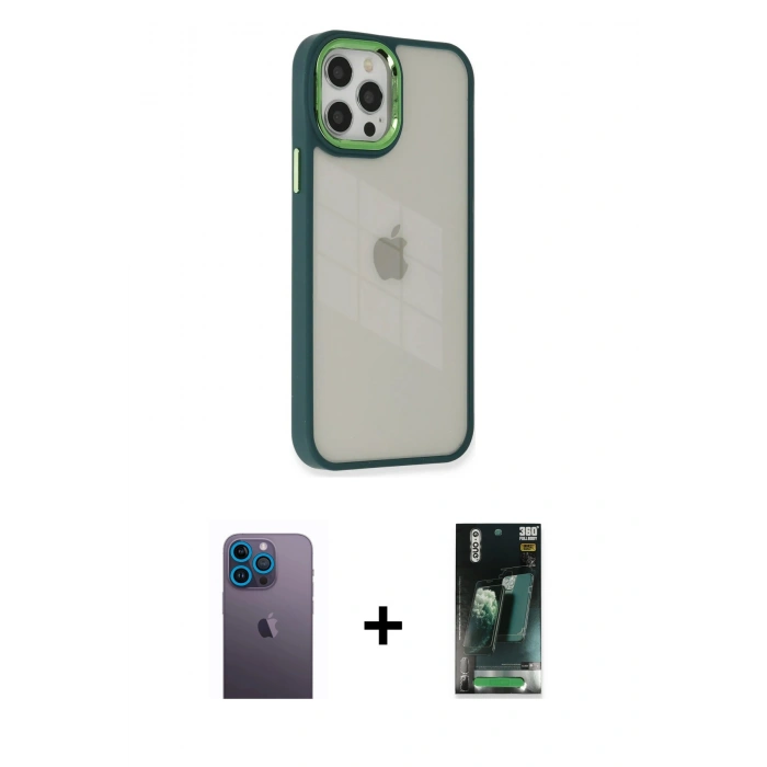 MARSİLYAN™- iPhone 12 Pro Max Kılıf Eksen Doku Prime - Siyah 360 Mat Full Body Arka Koruyucu + Neon Fosforlu Kamera Lens - MI
