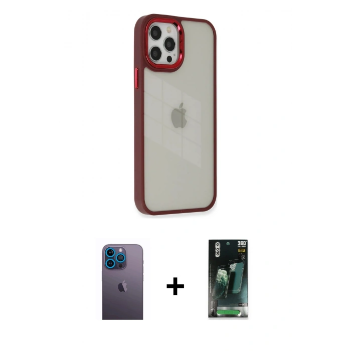 MARSİLYAN™- iPhone 12 Pro Max Kılıf Eksen Doku Prime - Siyah 360 Mat Full Body Arka Koruyucu + Neon Fosforlu Kamera Lens - MI