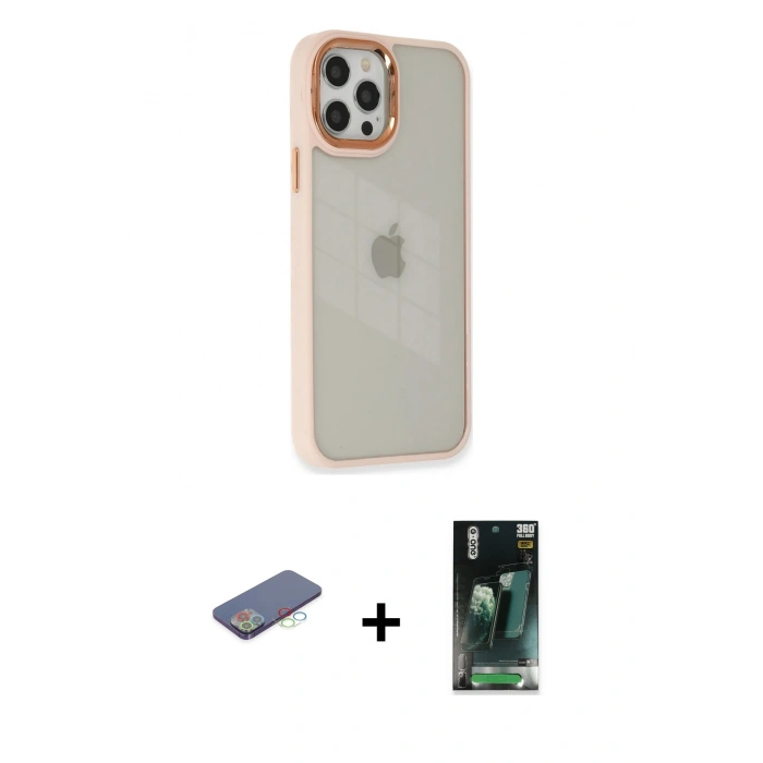 MARSİLYAN™- iPhone 12 Pro Max Kılıf Eksen Doku Prime - Siyah 360 Mat Full Body Arka Koruyucu + Mavi Renkli Kamera Lens Koruma Cam