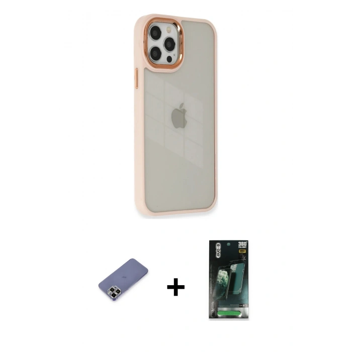 MARSİLYAN™- iPhone 12 Pro Max Kılıf Eksen Doku Prime - Siyah 360 Mat Full Body Arka Koruyucu + Metal Kamera Lens Koruma Cam - GD