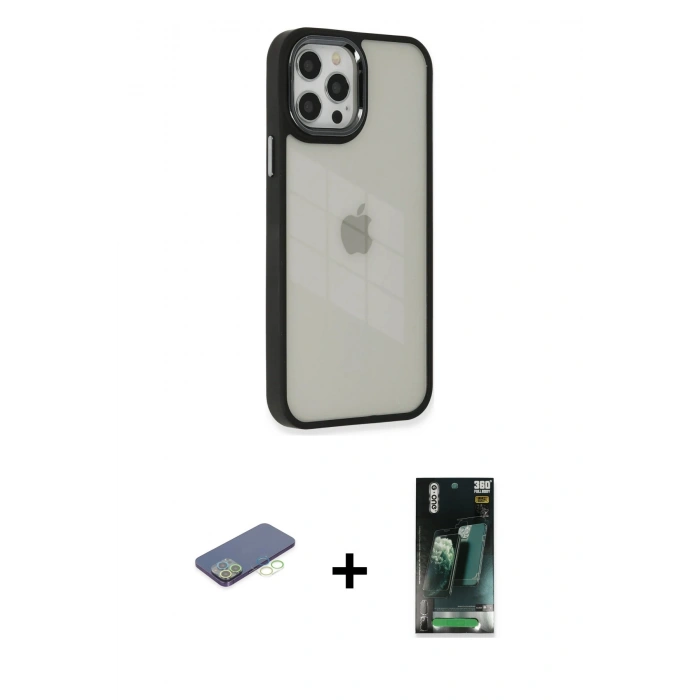 MARSİLYAN™- iPhone 12 Pro Max Kılıf Eksen Doku Prime - Siyah 360 Mat Full Body Arka Koruyucu + Renkli Kamera Lens Koruma Cam - YL