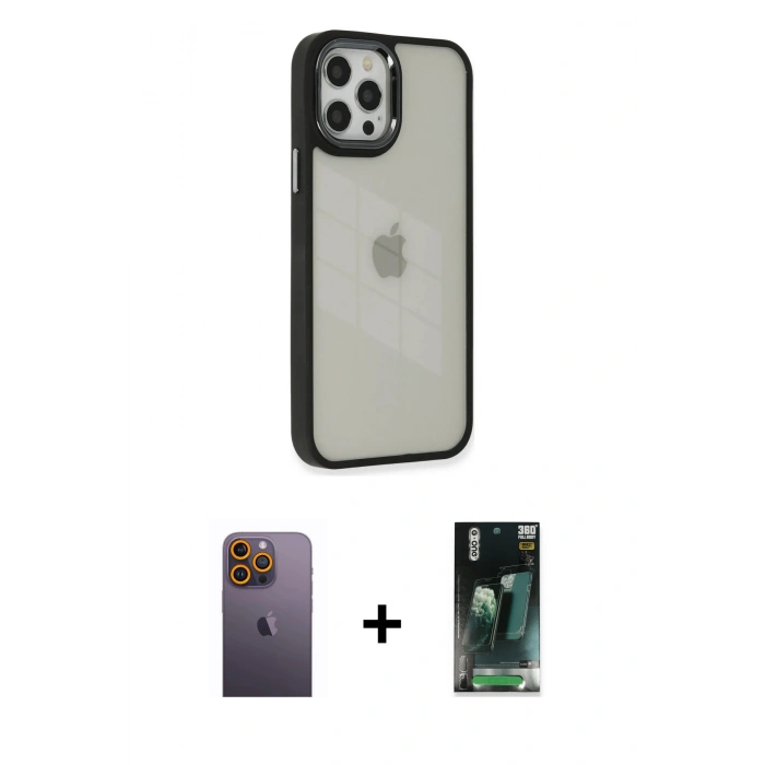 MARSİLYAN™- iPhone 12 Pro Max Kılıf Eksen Doku Prime - Siyah 360 Mat Full Body Arka Koruyucu + Sarı Neon Fosforlu Kamera Lens