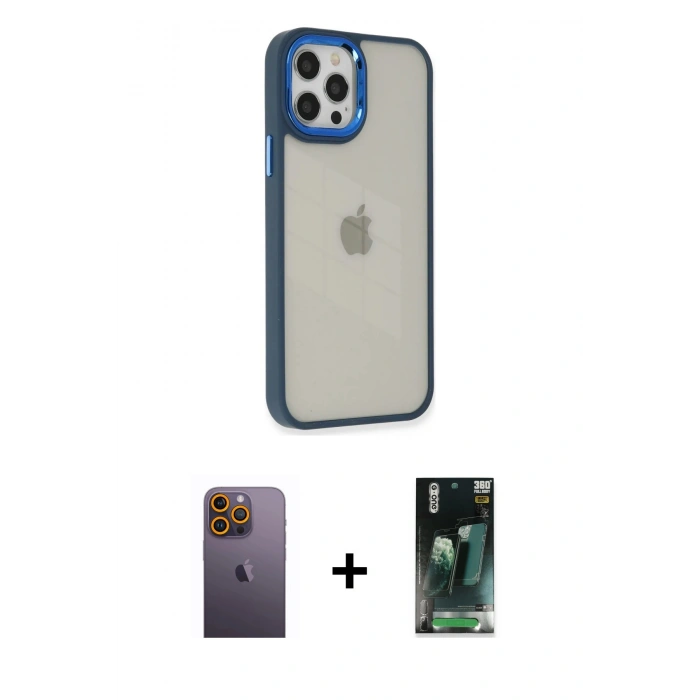 MARSİLYAN™- iPhone 12 Pro Max Kılıf Eksen Doku Prime - Siyah 360 Mat Full Body Arka Koruyucu + Sarı Neon Fosforlu Kamera Lens