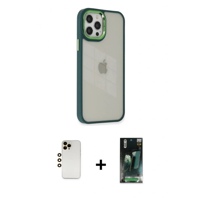 MARSİLYAN™- iPhone 12 Pro Max Kılıf Eksen Doku Prime - Siyah 360 Mat Full Body Arka Koruyucu + Shine Kamera Lens - GD