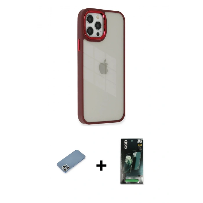 MARSİLYAN™- iPhone 12 Pro Max Kılıf Eksen Doku Prime - Siyah 360 Mat Full Body Arka Koruyucu + Shine Kamera Lens Koruma Cam - GS