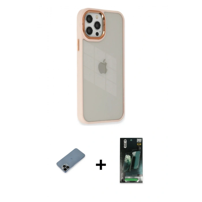 MARSİLYAN™- iPhone 12 Pro Max Kılıf Eksen Doku Prime - Siyah 360 Mat Full Body Arka Koruyucu + Shine Kamera Lens Koruma Cam - SH