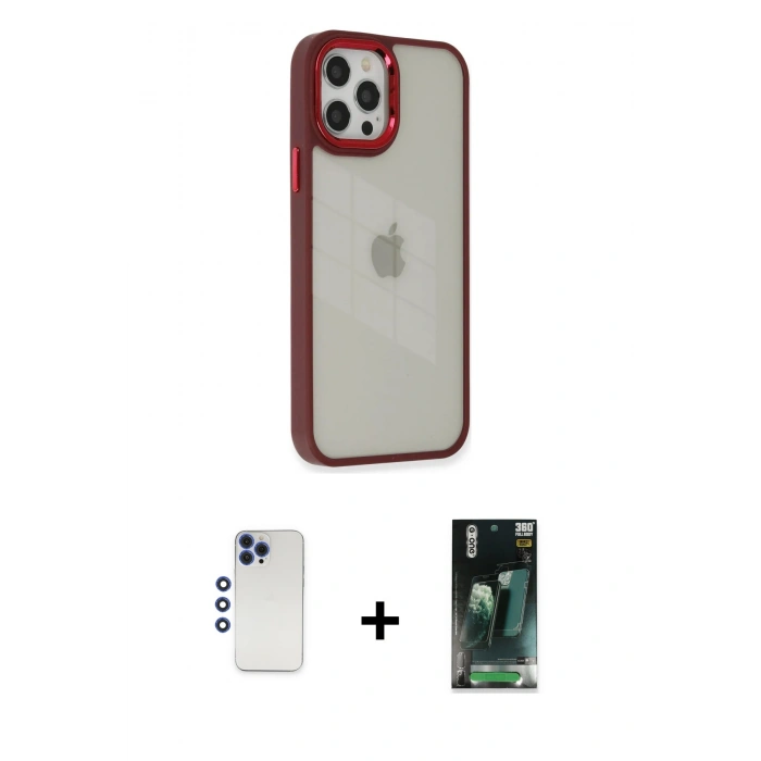 MARSİLYAN™- iPhone 12 Pro Max Kılıf Eksen Doku Prime - Siyah 360 Mat Full Body Arka Koruyucu + Shine Kamera Lens - LT