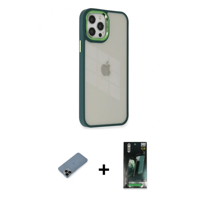 MARSİLYAN™- iPhone 12 Pro Max Kılıf Eksen Doku Prime - Siyah 360 Mat Full Body Arka Koruyucu + Shine Kamera Lens Koruma Cam - SH